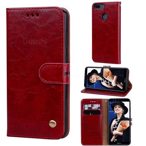 Luxury Retro Oil Wax PU Leather Wallet Phone Case for Huawei Honor 9 Lite - Brown Red