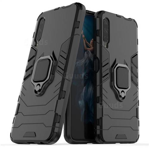 Black Panther Armor Metal Ring Grip Shockproof Dual Layer Rugged Hard Cover for Huawei Honor 9X - Black