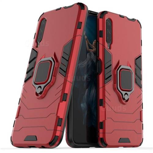 Black Panther Armor Metal Ring Grip Shockproof Dual Layer Rugged Hard Cover for Huawei Honor 9X - Red