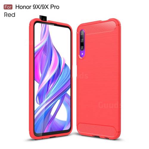 Luxury Carbon Fiber Brushed Wire Drawing Silicone TPU Back Cover for Huawei Honor 9X - Red