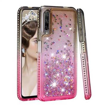 Diamond Frame Liquid Glitter Quicksand Sequins Phone Case for Huawei Honor 9X - Gray Pink