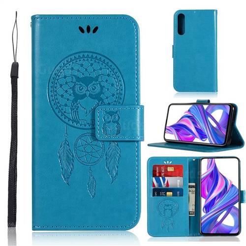 Intricate Embossing Owl Campanula Leather Wallet Case for Huawei Honor 9X - Blue