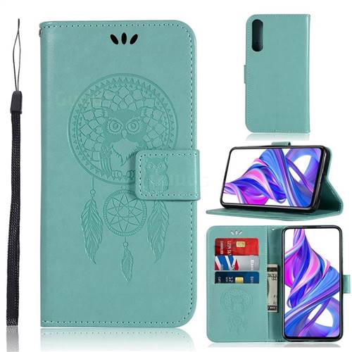 Intricate Embossing Owl Campanula Leather Wallet Case for Huawei Honor 9X - Green