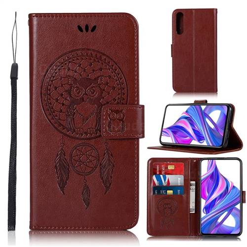 Intricate Embossing Owl Campanula Leather Wallet Case for Huawei Honor 9X - Brown