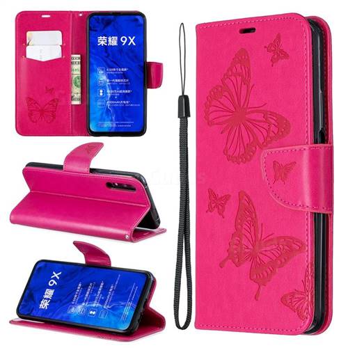 Embossing Double Butterfly Leather Wallet Case for Huawei Honor 9X - Red