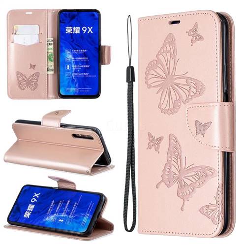 Embossing Double Butterfly Leather Wallet Case for Huawei Honor 9X - Rose Gold