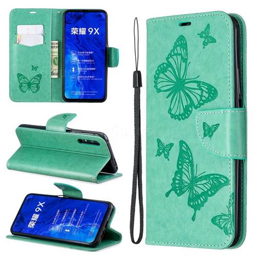 Embossing Double Butterfly Leather Wallet Case for Huawei Honor 9X - Green