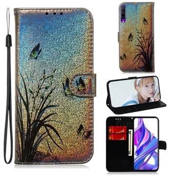 Butterfly Orchid Laser Shining Leather Wallet Phone Case for Huawei Honor 9X