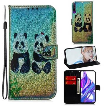 Two Pandas Laser Shining Leather Wallet Phone Case for Huawei Honor 9X