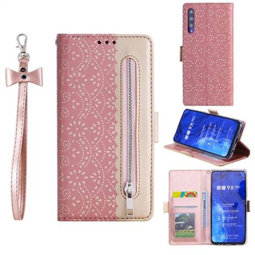 Luxury Lace Zipper Stitching Leather Phone Wallet Case for Huawei Honor 9X - Pink