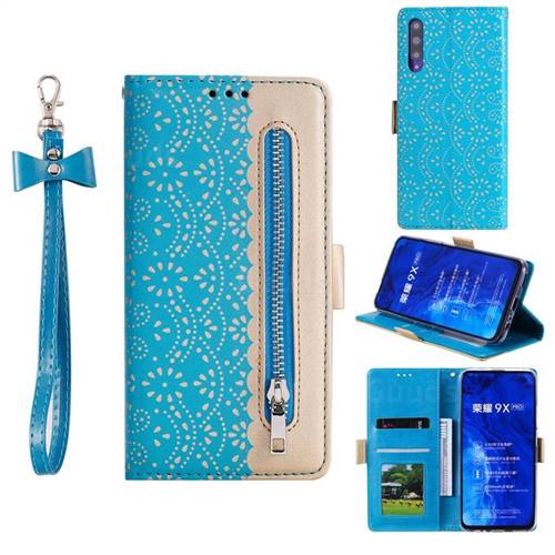 Luxury Lace Zipper Stitching Leather Phone Wallet Case for Huawei Honor 9X - Blue