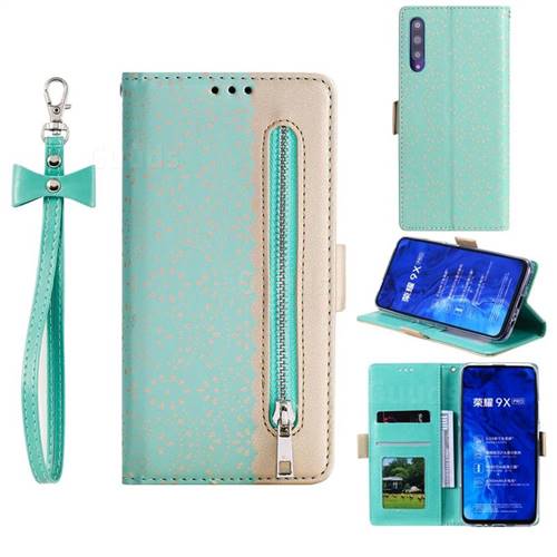 Luxury Lace Zipper Stitching Leather Phone Wallet Case for Huawei Honor 9X - Green