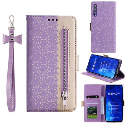 Luxury Lace Zipper Stitching Leather Phone Wallet Case for Huawei Honor 9X - Purple