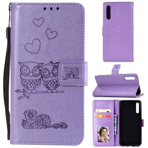 Embossing Owl Couple Flower Leather Wallet Case for Huawei Honor 9X - Purple
