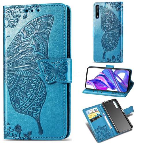 Embossing Mandala Flower Butterfly Leather Wallet Case for Huawei Honor 9X - Blue