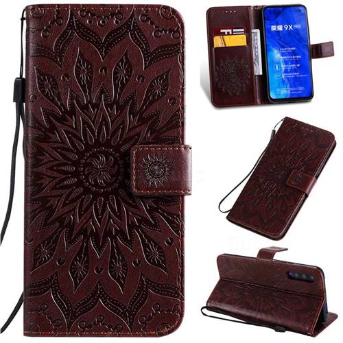 Embossing Sunflower Leather Wallet Case for Huawei Honor 9X - Brown