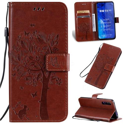 Embossing Butterfly Tree Leather Wallet Case for Huawei Honor 9X - Coffee