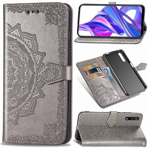 Embossing Imprint Mandala Flower Leather Wallet Case for Huawei Honor 9X - Gray