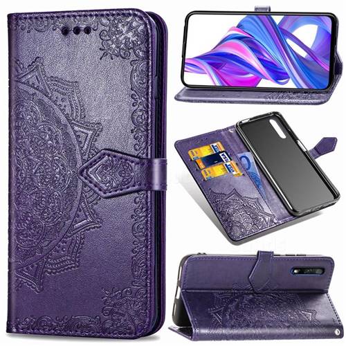 Embossing Imprint Mandala Flower Leather Wallet Case for Huawei Honor 9X - Purple
