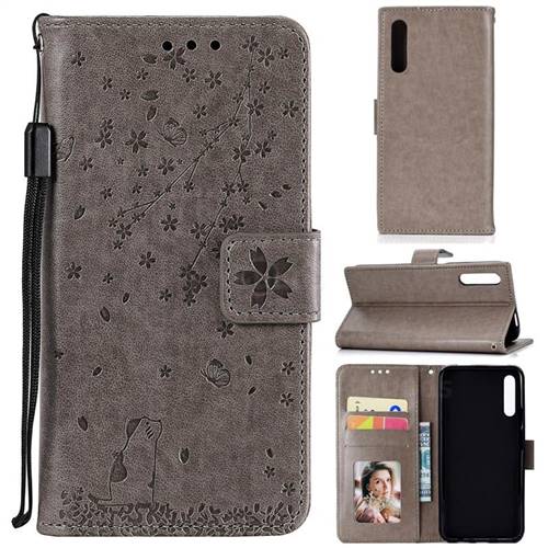 Embossing Cherry Blossom Cat Leather Wallet Case for Huawei Honor 9X - Gray