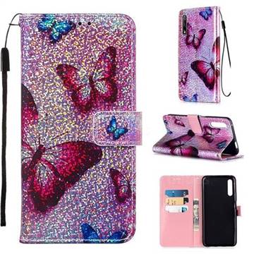 Blue Butterfly Sequins Painted Leather Wallet Case for Huawei Honor 9X