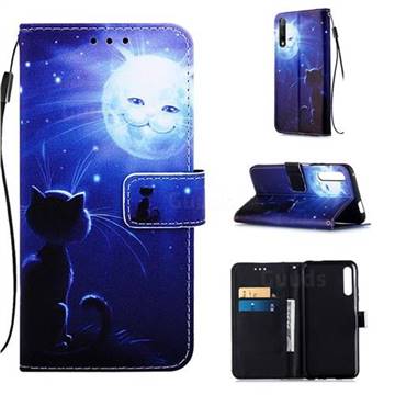 Cat and Moon Matte Leather Wallet Phone Case for Huawei Honor 9X