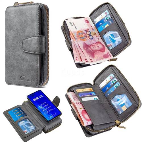 Binfen Color Retro Buckle Zipper Multifunction Leather Phone Wallet for Huawei Honor 9X - Gray