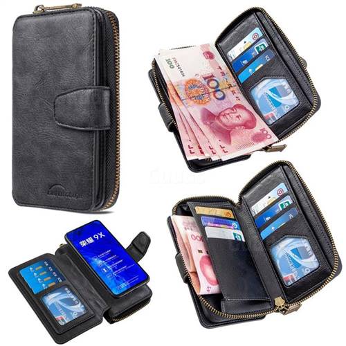 Binfen Color Retro Buckle Zipper Multifunction Leather Phone Wallet for Huawei Honor 9X - Black