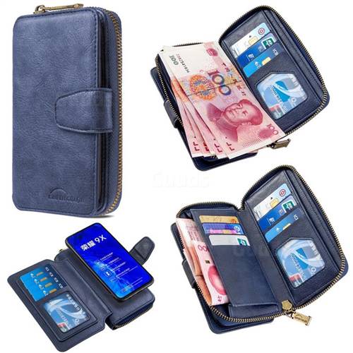 Binfen Color Retro Buckle Zipper Multifunction Leather Phone Wallet for Huawei Honor 9X - Blue