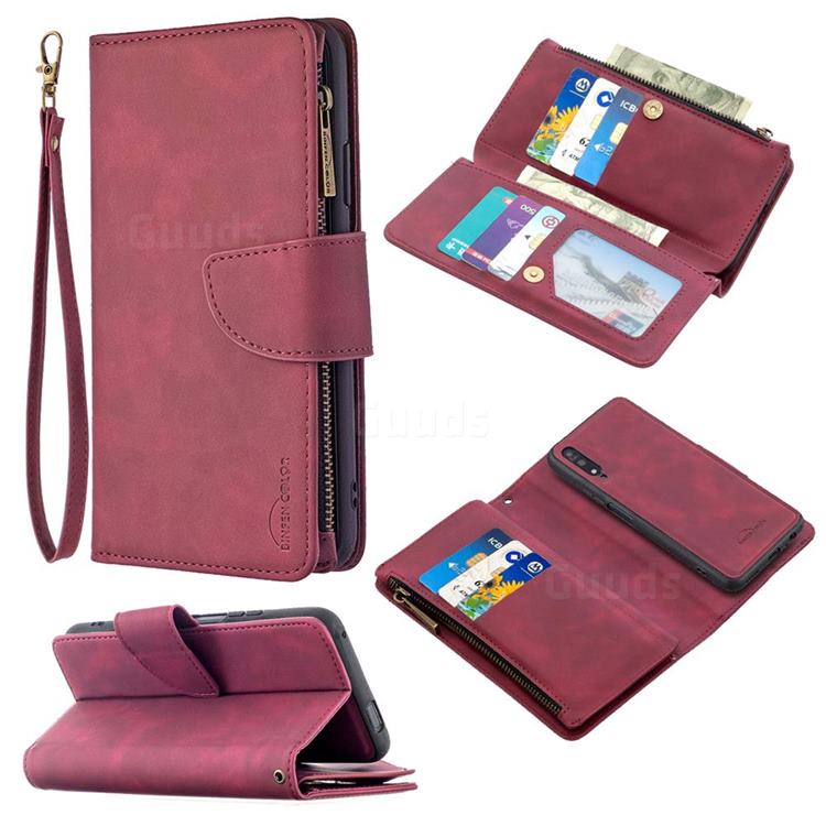 Binfen Color BF02 Sensory Buckle Zipper Multifunction Leather Phone Wallet for Huawei Honor 9X - Red Wine