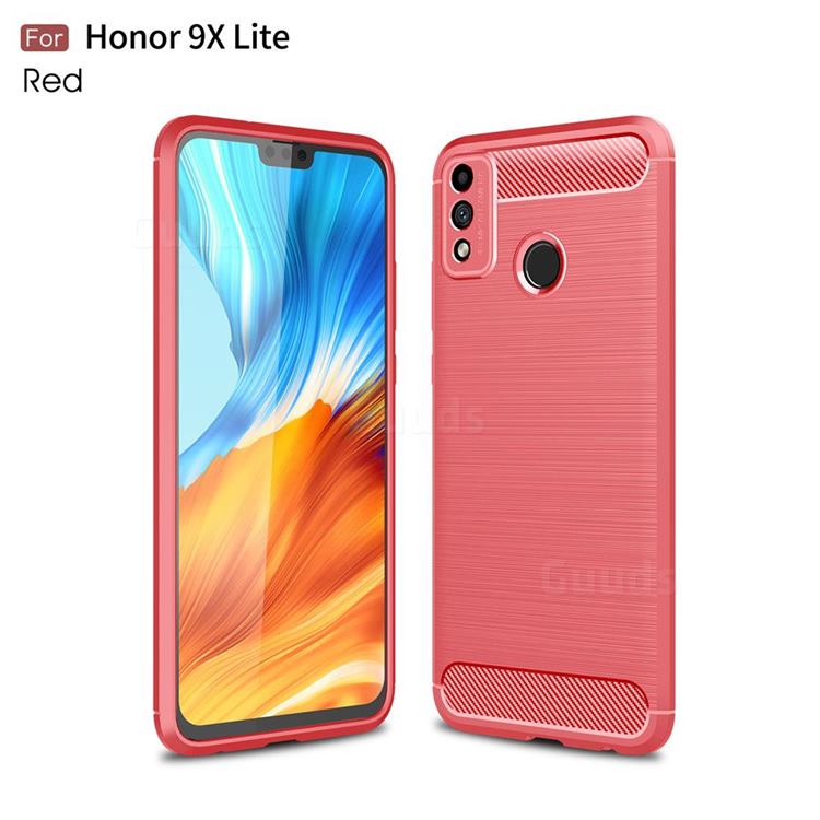 Luxury Carbon Fiber Brushed Wire Drawing Silicone TPU Back Cover for Huawei Honor 9X Lite - Red