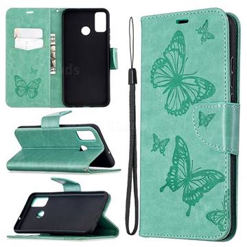 Embossing Double Butterfly Leather Wallet Case for Huawei Honor 9X Lite - Green