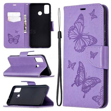 Embossing Double Butterfly Leather Wallet Case for Huawei Honor 9X Lite - Purple