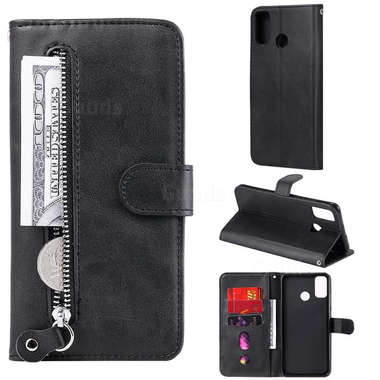 Retro Luxury Zipper Leather Phone Wallet Case for Huawei Honor 9X Lite - Black
