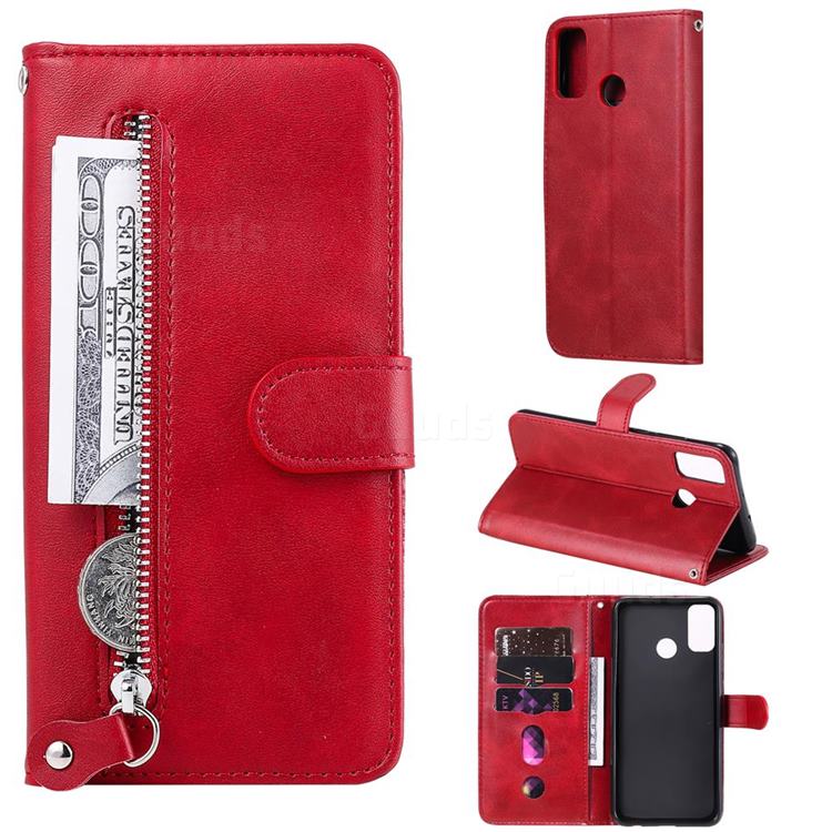 Retro Luxury Zipper Leather Phone Wallet Case for Huawei Honor 9X Lite - Red