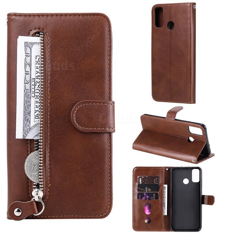 Retro Luxury Zipper Leather Phone Wallet Case for Huawei Honor 9X Lite - Brown
