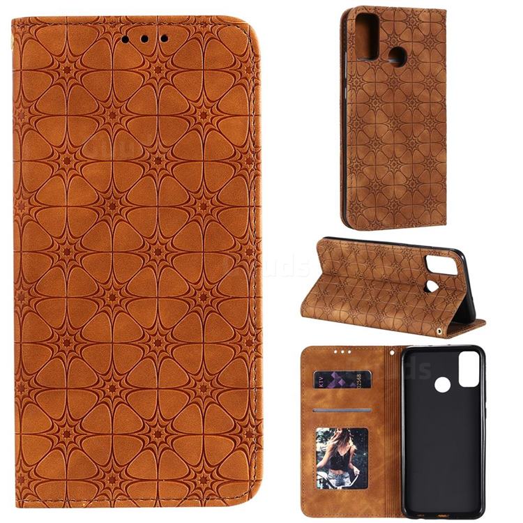 Intricate Embossing Four Leaf Clover Leather Wallet Case for Huawei Honor 9X Lite - Yellowish Brown