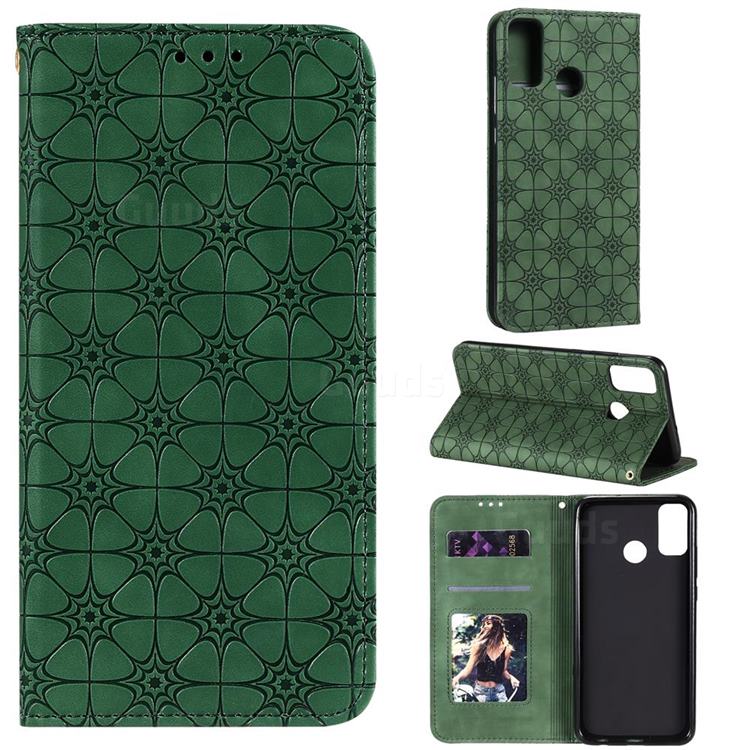 Intricate Embossing Four Leaf Clover Leather Wallet Case for Huawei Honor 9X Lite - Blackish Green
