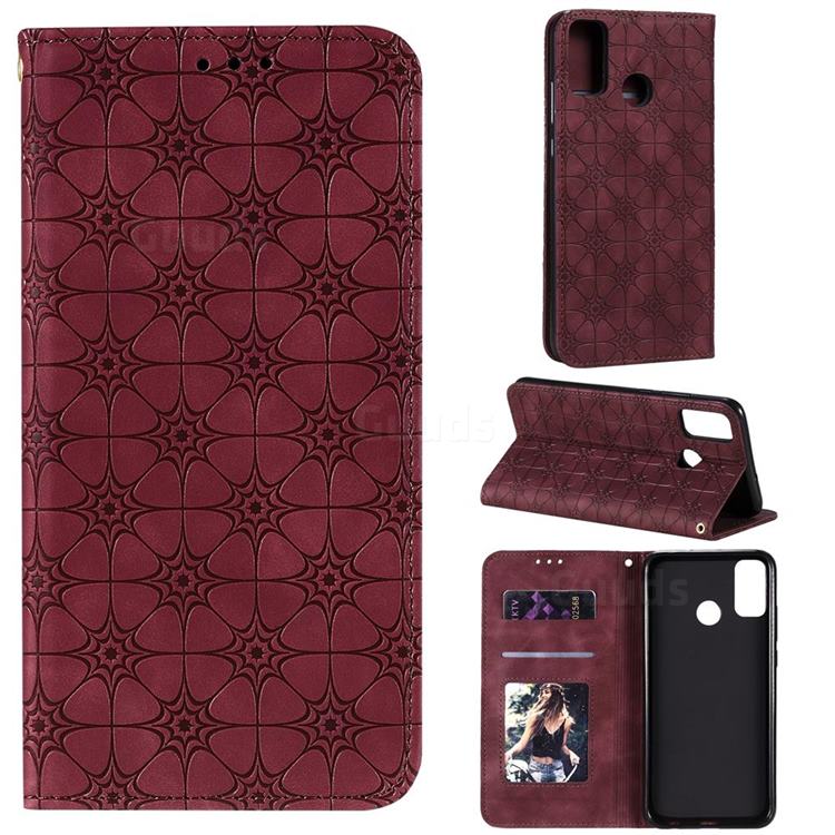 Intricate Embossing Four Leaf Clover Leather Wallet Case for Huawei Honor 9X Lite - Claret