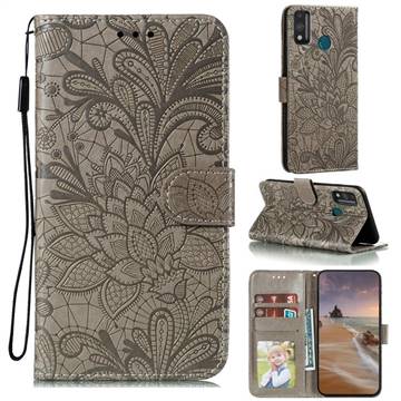 Intricate Embossing Lace Jasmine Flower Leather Wallet Case for Huawei Honor 9X Lite - Gray
