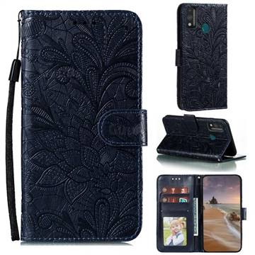 Intricate Embossing Lace Jasmine Flower Leather Wallet Case for Huawei Honor 9X Lite - Dark Blue