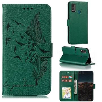 Intricate Embossing Lychee Feather Bird Leather Wallet Case for Huawei Honor 9X Lite - Green