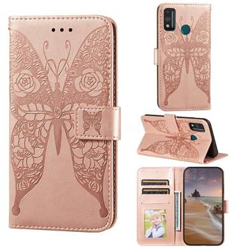 Intricate Embossing Rose Flower Butterfly Leather Wallet Case for Huawei Honor 9X Lite - Rose Gold
