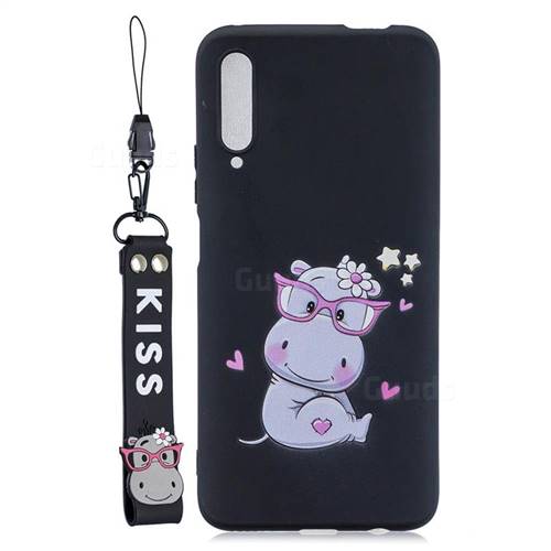Black Flower Hippo Soft Kiss Candy Hand Strap Silicone Case for Huawei Honor 9X Pro