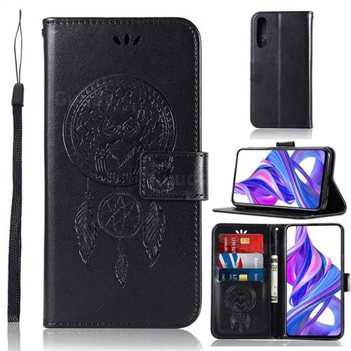 Intricate Embossing Owl Campanula Leather Wallet Case for Huawei Honor 9X Pro - Black