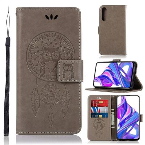 Intricate Embossing Owl Campanula Leather Wallet Case for Huawei Honor 9X Pro - Grey