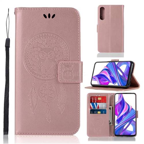 Intricate Embossing Owl Campanula Leather Wallet Case for Huawei Honor 9X Pro - Rose Gold
