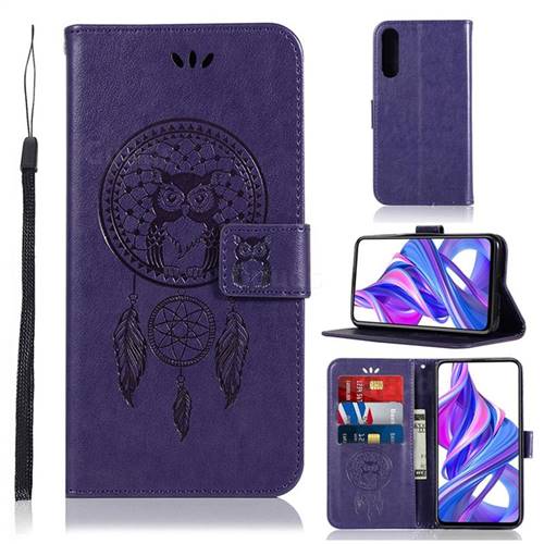 Intricate Embossing Owl Campanula Leather Wallet Case for Huawei Honor 9X Pro - Purple