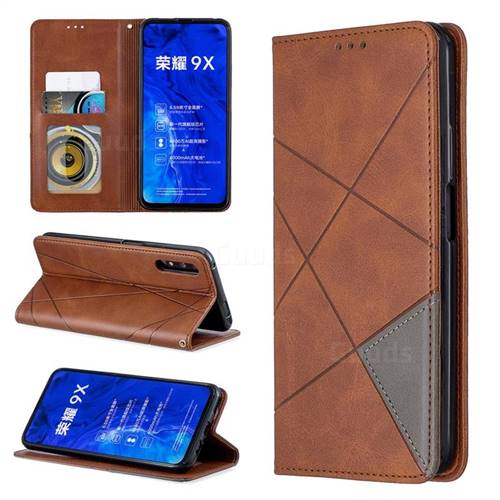 Prismatic Slim Magnetic Sucking Stitching Wallet Flip Cover for Huawei Honor 9X Pro - Brown