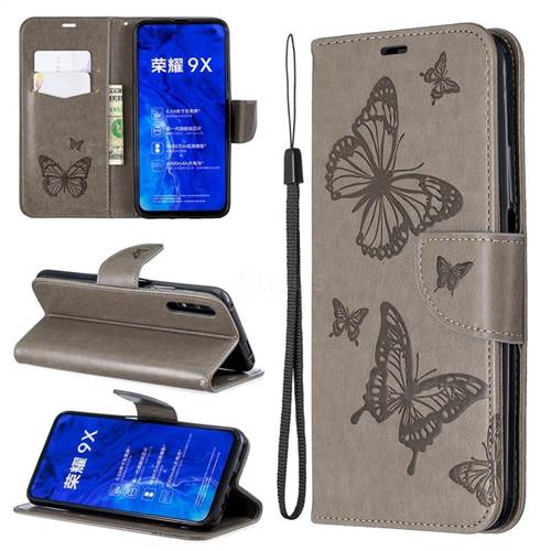 Embossing Double Butterfly Leather Wallet Case for Huawei Honor 9X Pro - Gray